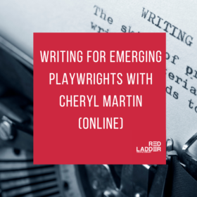 A typewriter with paper sticking out with the word writing typed on WRITING FOR EMERGING PLAYWRIGHTS WITH CHERYL MARTIN ONLINE