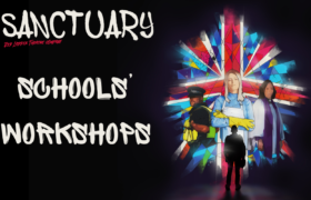 A stained glass window featuring a woman dressed in and apron and rubber gloves is flanked by a policeman and female vicar. Behind them is an abstract version of the Union flag. In front is a small silhouette of a man looking up at the window, his shadow cast behind him. Schools Workshops