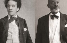 Two men in evening wear, one a period photo, the other an actor in role. Along the bottom are bullets