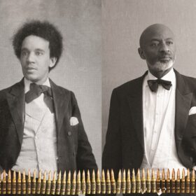 Two men in evening wear, one a period photo, the other an actor in role. Along the bottom are bullets