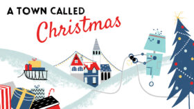 An illustrated snowscape with a robot dressing a christmas tree