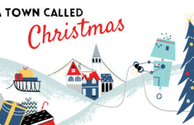 An illustrated snowscape with a robot dressing a christmas tree