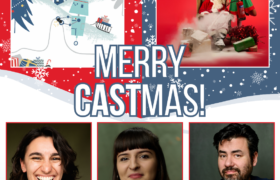 Roo, Maryam and Charles' headshots on a background of snowflakes