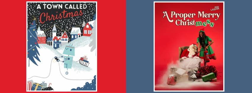An illustrated snowscape with a robot dressing a christmas tree