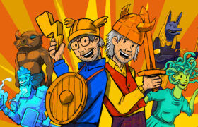 Cartoon vikings with lightning bolts behind
